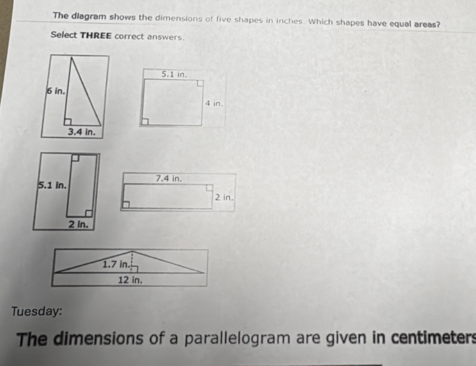 Solved: The diagram shows the dimensions of five shapes in inches ...
