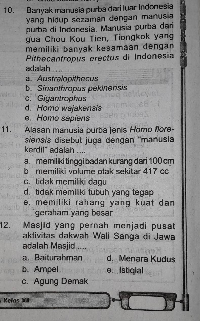 Banyak manusia purba dari luar Indonesia
yang hidup sezaman dengan manusia
purba di Indonesia. Manusia purba dari
gua Chou Kou Tien, Tiongkok yang
memiliki banyak kesamaan dengan
Pithecantropus erectus di Indonesia
adalah ….
a. Australopithecus
b. Sinanthropus pekinensis
c. Gigantrophus
d. Homo wajakensis
e. Homo sapiens
11. Alasan manusia purba jenis Homo flore-
siensis disebut juga dengan “manusia
kerdil” adalah ....
a. memiliki tinggi badan kurang dari 100 cm
b memiliki volume otak sekitar 417 cc
c. tidak memiliki dagu
d. tidak memiliki tubuh yang tegap
e. memiliki rahang yang kuat dan
geraham yang besar
12. Masjid yang pernah menjadi pusat
aktivitas dakwah Wali Sanga di Jawa
adalah Masjid ....
a. Baiturahman d. Menara Kudus
b. Ampel e. Istiqlal
c. Agung Demak
Kelas XII