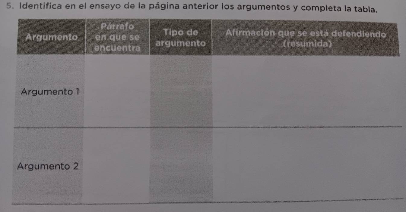 Identifica en el ensayo de la página anterior los argumentos y completa la tabla.