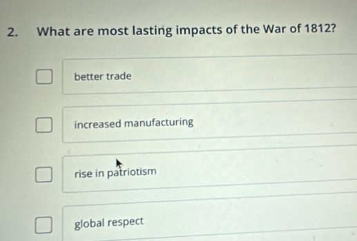 What are most lasting impacts of the War of 1812?
better trade
increased manufacturing
rise in patriotism
global respect