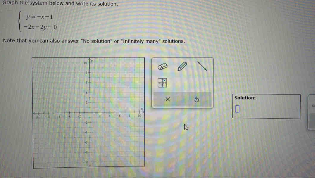 Graph the system below and write its solution.
beginarrayl y=-x-1 -2x-2y=0endarray.
Note that you can also answer "No solution" or "Infinitely many" solutions. 
× 5 
Solution: