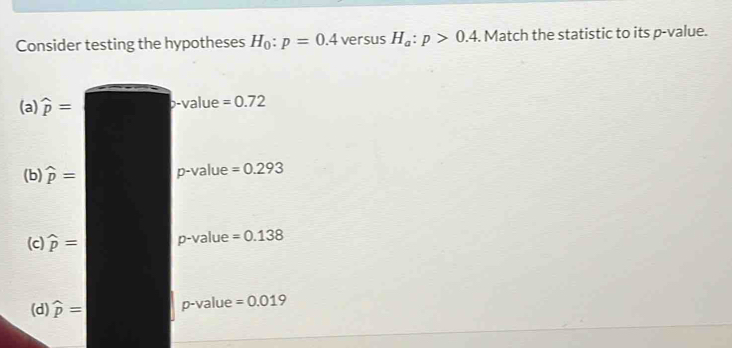 Consider testing the hypotheses H_0:p=0.4 versus H_a:p>0.4. Match the statistic to its p -value.
(a) widehat p= b-value =0.72
(b) widehat p= p-value =0.293
(c) widehat p= p-value =0.138
(d) widehat p= p-value =0.019