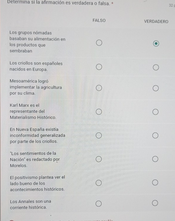 Determina si la afirmación es verdadera o falsa. *
32
FALSO VERDADERO
Los grupos nómadas
basaban su alimentación en
los productos que
sembraban
Los criollos son españoles
nacidos en Europa.
Mesoamérica logró
implementar la agricultura
por su clima.
Karl Marx es el
representante del
Materialismo Histórico.
En Nueva España existía
inconformidad generalizada
por parte de los criollos.
"Los sentimientos de la
Nación" es redactado por
Morelos.
El positivismo plantea ver el
lado bueno de los
acontecimientos históricos.
Los Annales son una
corriente histórica.