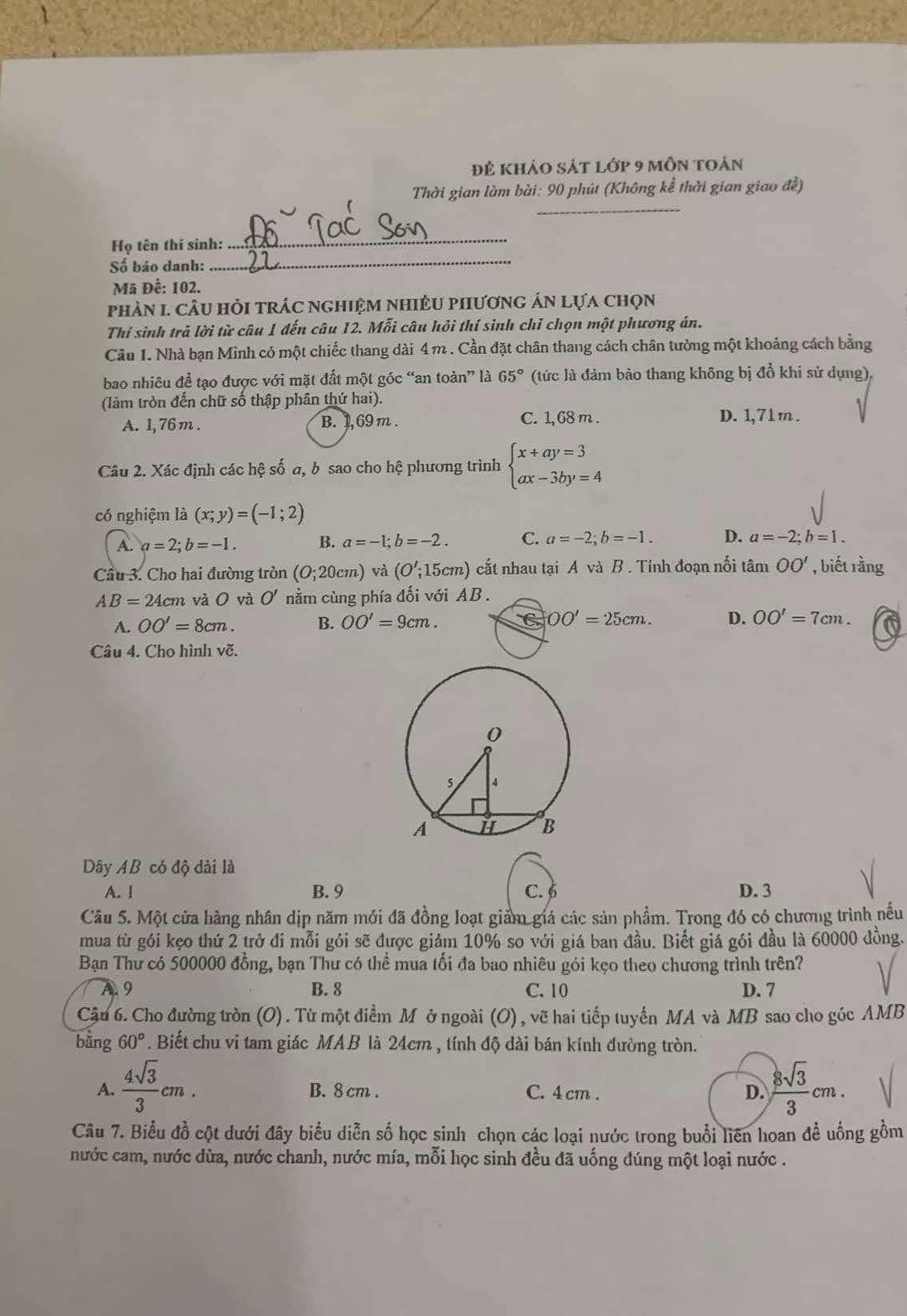đẻ khảo sát lớp 9 môn toản
Thời gian làm bài: 90 phút (Không kể thời gian giao đề)
_
_
Họ tên thí sinh:
Số báo danh:
Mã Đề: 102.
phàN I. CÂu hỏI tRÁc nghiệM nHIÊU PHươnG Án lựa chọn
Thí sinh trả lời từ câu 1 đến câu 12. Mỗi câu hỏi thí sinh chỉ chọn một phương án.
Câu 1. Nhà bạn Minh có một chiếc thang dài 4 m . Cần đặt chân thang cách chân tưởng một khoảng cách bằng
bao nhiêu đề tạo được với mặt đất một góc “an toàn” là 65° (tức là đảm bảo thang không bị đồ khi sử dụng),
(làm tròn đến chữ số thập phân thứ hai). D. 1,71 m .
A. 1, 76 m . B. 1,69 m . C. 1, 68 m .
Câu 2. Xác định các hệ số a, b sao cho hệ phương trình beginarrayl x+ay=3 ax-3by=4endarray.
có nghiệm là (x;y)=(-1;2)
A. a=2;b=-1. B. a=-1;b=-2. C. a=-2;b=-1. D. a=-2;b=1.
Cầu 3. Cho hai đường tròn (O;20cm) và (O';15cm) cắt nhau tại A và B . Tính đoạn nối tâm OO' , biết rằng
AB=24 Acm và O và O' nằm cùng phía đối với AB .
A. OO'=8cm. B. OO'=9cm. C OO'=25cm. D. OO'=7cm.
Câu 4. Cho hình vẽ.
Dây AB có độ dài là
A. l B. 9 C. 6 D. 3
Câu 5. Một cửa hàng nhân dịp năm mới đã đồng loạt giảm giá các sản phẩm. Trong đó có chương trình nếu
mua từ gói kẹo thứ 2 trở đi mỗi gói sẽ được giảm 10% so với giá ban đầu. Biết giá gói đầu là 60000 đồng.
Bạn Thư có 500000 đồng, bạn Thư có thể mua tối đa bao nhiêu gói kẹo theo chương trình trên?
A. 9 B. 8 C. 10 D. 7
Cậu 6. Cho đường tròn (O). Từ một điểm M ở ngoài (O) , vẽ hai tiếp tuyển MA và MB sao cho góc AMB
bằng 60°. Biết chu vi tam giác MAB là 24cm , tính độ dài bán kính đường tròn.
A.  4sqrt(3)/3 cm. B. 8 cm . C. 4 cm .
D.  8sqrt(3)/3 cm.
Câu 7. Biểu đồ cột dưới đây biểu diễn số học sinh chọn các loại nước trong buổi liên hoan để uống gồm
nước cam, nước dừa, nước chanh, nước mía, mỗi học sinh đều đã uống đúng một loại nước .