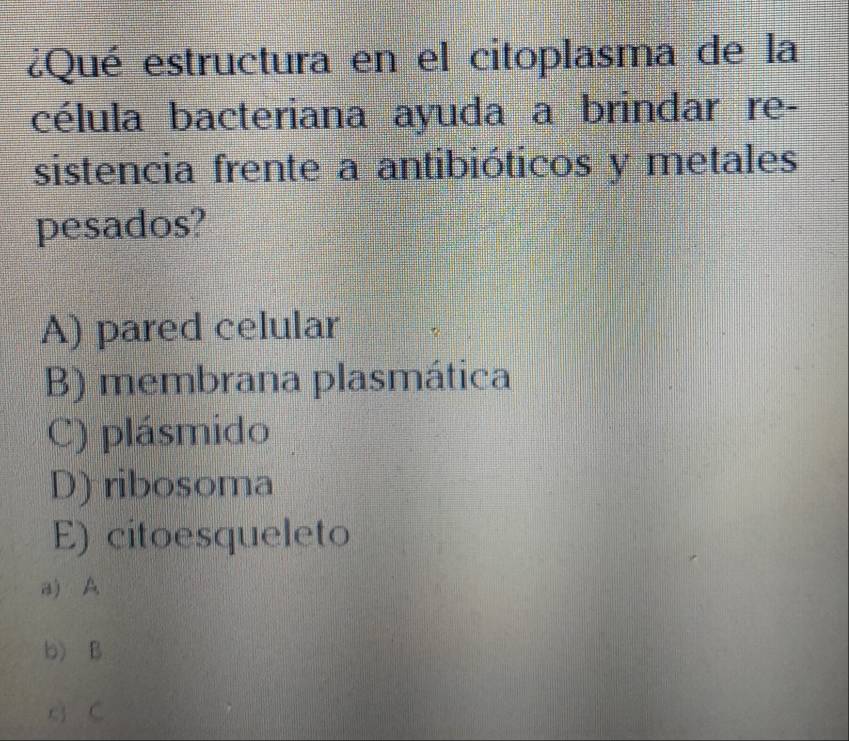 ¿Qué estructura en el citoplasma de la
célula bacteriana ayuda a brindar re-
sistencia frente a antibióticos y metales
pesados?
A) pared celular
B) membrana plasmática
C) plásmido
D) ribosoma
E) citoesqueleto
a) A
b) B
c C