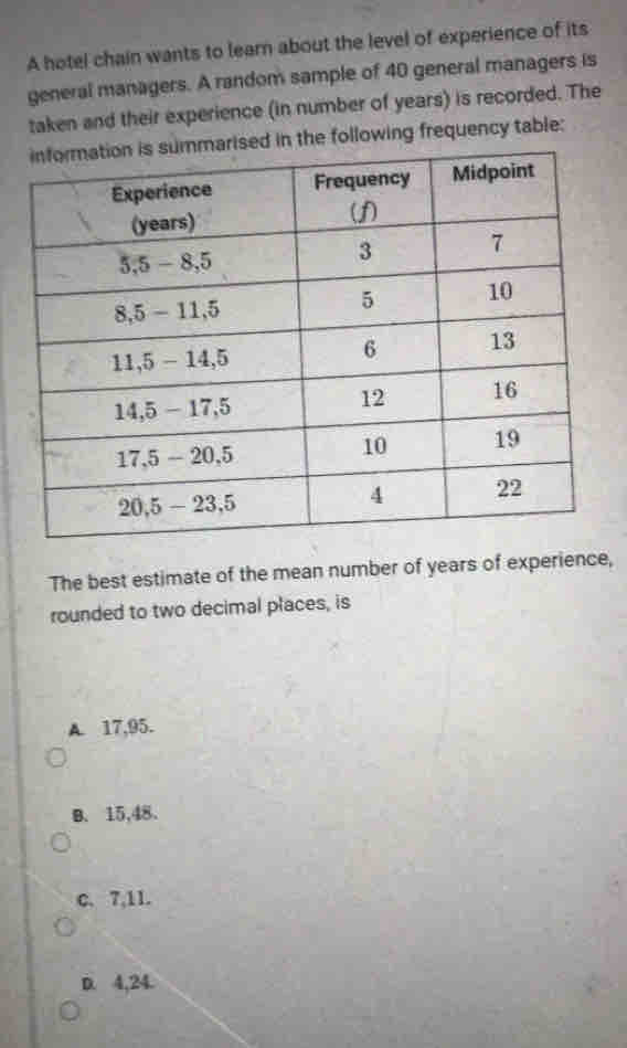 A hotel chain wants to learn about the level of experience of its
general managers. A random sample of 40 general managers is
taken and their experience (in number of years) is recorded. The
mmarised in the following frequency table:
The best estimate of the mean number of years of experience,
rounded to two decimal places, is
A 17,95.
B、15,48.
C、7,11.
D 4,24.