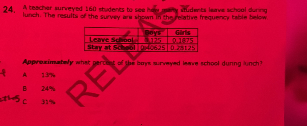 A teacher surveyed 160 students to see how many students leave school during
lunch. The results of the survey are shown in the relative frequency table below.
Approximately what percent of the boys surveyed leave school during lunch?
A 13%
B 24%
C 31%