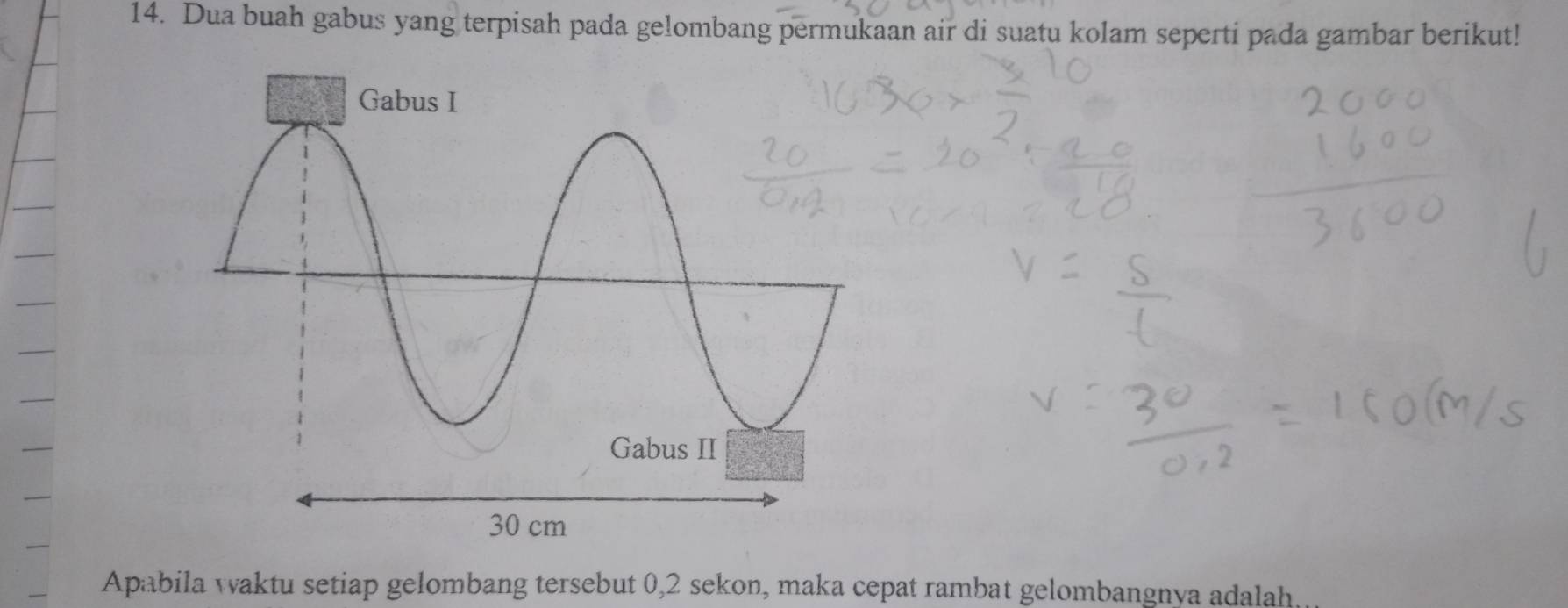 Dua buah gabus yang terpisah pada gelombang permukaan air di suatu kolam seperti pada gambar berikut! 
Apabila waktu setiap gelombang tersebut 0, 2 sekon, maka cepat rambat gelombangnya adalah