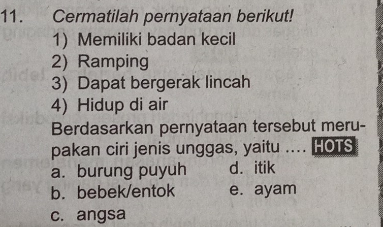 Cermatilah pernyataan berikut!
1) Memiliki badan kecil
2) Ramping
3) Dapat bergerak lincah
4) Hidup di air
Berdasarkan pernyataan tersebut meru-
pakan ciri jenis unggas, yaitu .... HOTS
a. burung puyuh d. itik
b. bebek/entok e. ayam
c. angsa