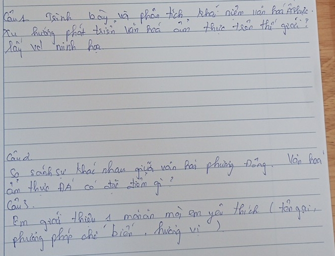 Caur Tinh boy wú phán tich, zhai niém lán foo Apfuc 
Au Quǒng phat txiàn uán goà cam thuneán the gicú? 
Pay vel ninh hao 
Caud 
So sai sw Lhai nhan givú wán Pai phnnng pāng. Yán hoa 
am thu ¢A co sài atiom gì? 
Cau3. 
Im giri thiǒu a manán mà em yòu thick (tēngai 
phucing play chè biān, huáng vì)