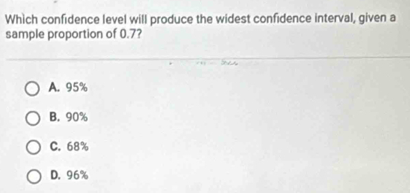 Whìch confidence level will produce the widest confidence interval, given a
sample proportion of 0.7?
A. 95%
B. 90%
C. 68%
D. 96%