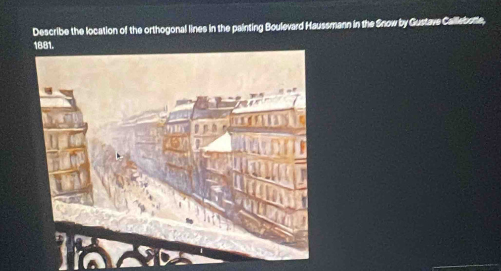 Describe the location of the orthogonal lines in the painting Boulevard Haussmann in the Snow by Gustave Callebette, 
1881.