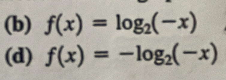 f(x)=log _2(-x)
(d) f(x)=-log _2(-x)