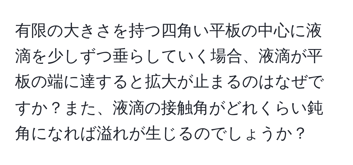 有限の大きさを持つ四角い平板の中心に液滴を少しずつ垂らしていく場合、液滴が平板の端に達すると拡大が止まるのはなぜですか？また、液滴の接触角がどれくらい鈍角になれば溢れが生じるのでしょうか？