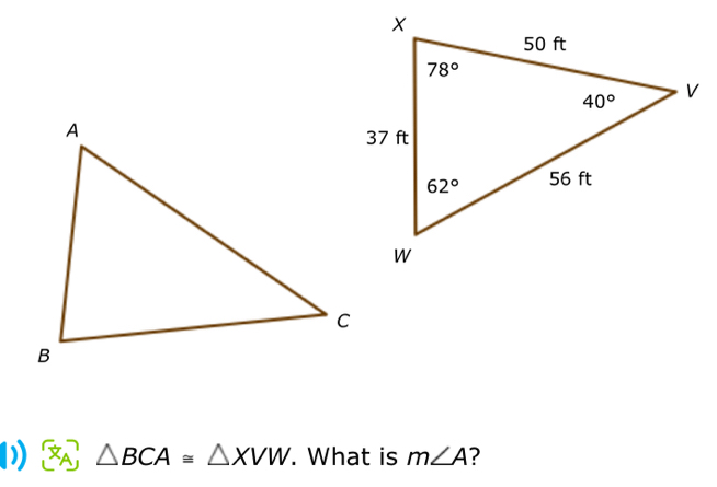 △ BCA≌ △ XVW. What is m∠ A ?