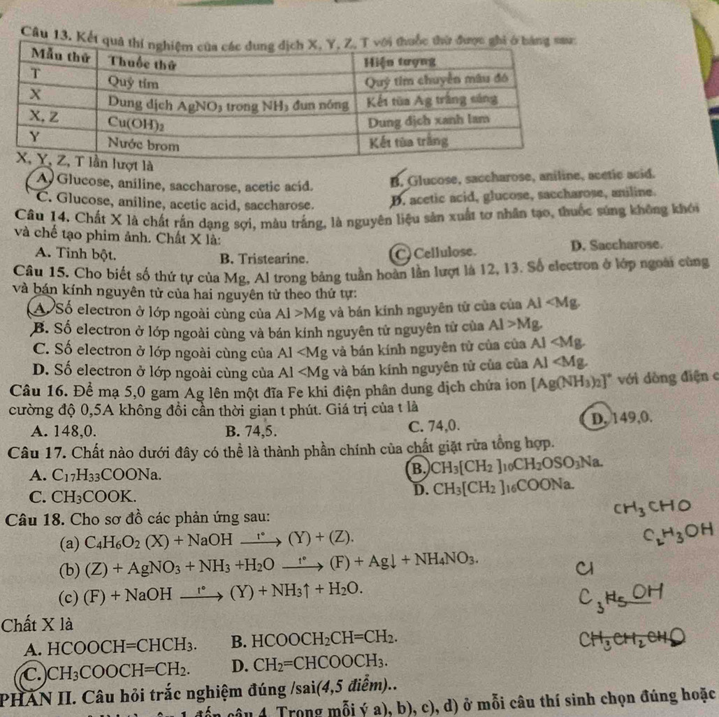 Kết q
A Glucose, aníline, saccharose, acetic acid.
B. Glucose, saccharose, aniline, acetic acid.
C. Glucose, aniline, acetic acid, saccharose.
D. acetic acid, glucose, saccharose, aniline.
Câu 14. Chất X là chất rấn dạng sợi, màu trắng, là nguyên liệu sản xuất tơ nhân tạo, thuốc súng không khói
và chế tạo phim ảnh. Chất X là:
A. Tinh bột. B. Tristearine.
C) Cellulose. D. Saccharose.
Câu 15. Cho biết số thứ tự của Mg, Al trong bảng tuần hoàn lần lượt là 12, 13. Số electron ở lớp ngoài cùng
và bán kính nguyên tử của hai nguyên từ theo thứ tự:
A Số electron ở lớp ngoài cùng của Al>Mg và bán kính nguyên tử của của Al
B. Số electron ở lớp ngoài cùng và bán kính nguyên tử nguyên tử của Al>Mg.
C. Số electron ở lớp ngoài cùng của Al và bán kính nguyên tử của của AI
D. Số electron ở lớp ngoài cùng của Al và bán kính nguyên tử của của Al
Câu 16. Để mạ 5,0 gam Ag lên một đĩa Fe khi điện phân dung dịch chứa ion [Ag(NH_3)_2]^circ  với dòng điện e
cường độ 0,5A không đổi cần thời gian t phút. Giá trị của t là
A. 148,0. B. 74,5. C. 74,0. D. 149,0.
Câu 17. Chất nào dưới đây có thể là thành phần chính của chất giặt rừa tổng hợp.
A. C_17H_33COONa.
B. CH_3[CH_2]_10CH_2OSO_3Na.
C. CH_3COOK.
D. CH_3[CH_2]_16COONa.
CH C
Câu 18. Cho sơ đồ các phản ứng sau:
(a) C_4H_6O_2(X)+NaOHxrightarrow r°(Y)+(Z).
CH2C
(b) (Z)+AgNO_3+NH_3+H_2Oxrightarrow f°(F)+Agdownarrow +NH_4NO_3.
(c) (F)+NaOHto (Y°(Y)+NH_3uparrow +H_2O.
Chất X là
A. HCOOCH=CHCH_3. B. HCOOCH_2CH=CH_2.
C. CH_3COOCH=CH_2. D. CH_2=CHCOOCH_3.
PHAN II. Câu hỏi trắc nghiệm đúng /s /sai(4,5dihat em)..
1 4 Trong m² iva),b),c) , d) ở mỗi câu thí sinh chọn đúng hoặc