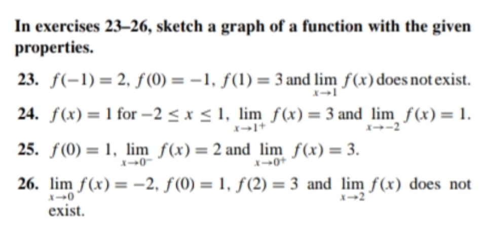 In exercises 23-26, sketch a graph of a function with the given 
properties. 
23. f(-1)=2, f(0)=-1, f(1)=3 and limlimits _xto 1f(x) does not exist. 
24. f(x)=1 for -2≤ x≤ 1, limlimits _xto 1^+f(x)=3 and limlimits _xto -2f(x)=1. 
25. f(0)=1, limlimits _xto 0^-f(x)=2 and limlimits _xto 0^+f(x)=3. 
26. limlimits _xto 0f(x)=-2, f(0)=1, f(2)=3 and limlimits _xto 2f(x) does not 
exist.