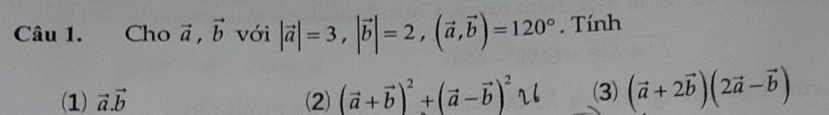 Cho vector a, vector b với |vector a|=3, |vector b|=2, (vector a,vector b)=120°. Tính
(1) vector a.vector b (2) (vector a+vector b)^2+(vector a-vector b)^2 26 (3) (vector a+2vector b)(2vector a-vector b)