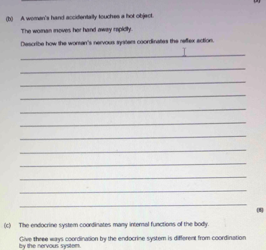 A woman's hand accidentally touches a hot object. 
The woman moves her hand away rapidly. 
Describe how the woman's nervous system coordinates the reflex action. 
_ 
_ 
_ 
_ 
_ 
_ 
_ 
_ 
_ 
_ 
_ 
_ 
(6) 
(c) The endocrine system coordinates many internal functions of the body. 
Give three ways coordination by the endocrine system is different from coordination 
by the nervous system.