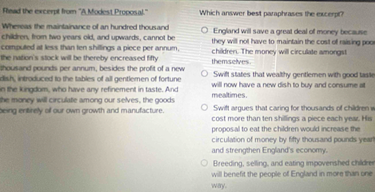 Solved: Read the excerpt from ''A Modest Proposal.'' Which answer best ...