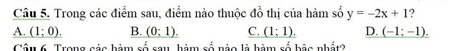 Trong các điểm sau, điểm nào thuộc đồ thị của hàm số y=-2x+1 ?
A. (1;0). B. (0;1). C. (1;1). D. (-1;-1). 
Câu 6. Trong các hàm số sau, hàm số nào là hàm số bậc nhất?