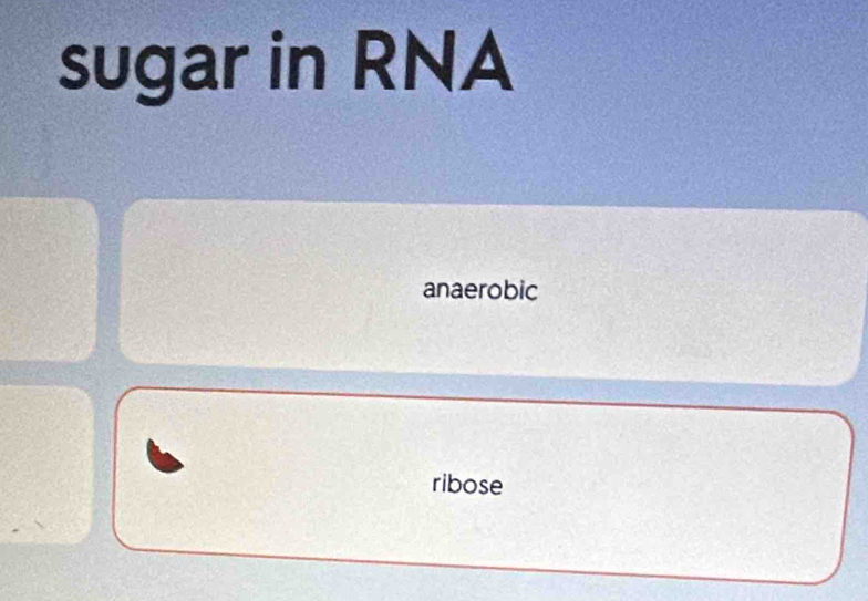 sugar in RNA 
anaerobic 
ribose