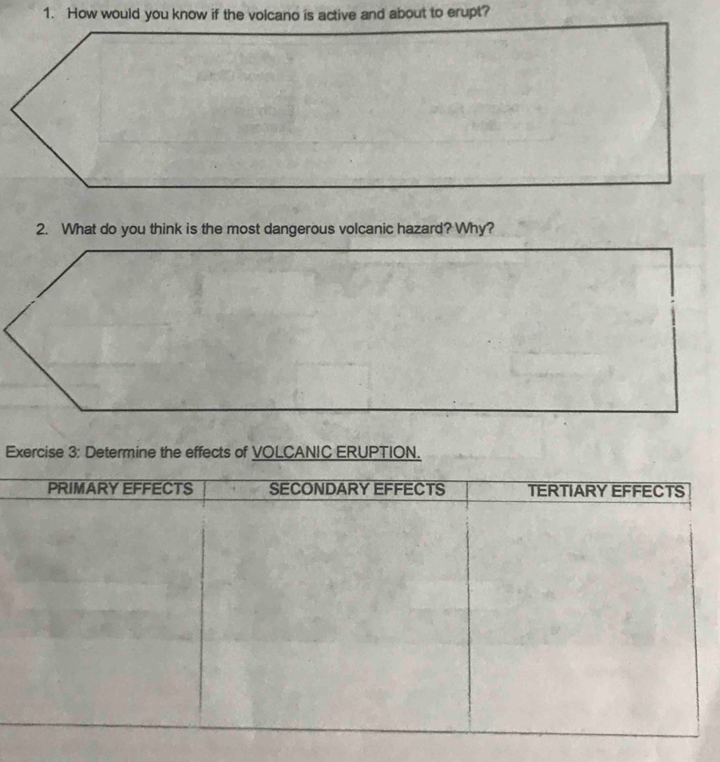 How would you know if the volcano is active and about to erupt? 
2. What do you think is the most dangerous volcanic hazard? Why? 
Exercise 3: Determine the effects of VOLCANIC ERUPTION.