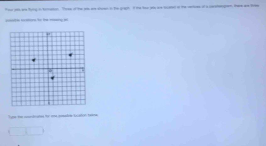 Four jehi are fying in tormation. Three of the jelts are shown in the graph. If the four jets are locatted atl the verices of a paralelogram, there are three 
possible Apcations, for the missing jet 
Type the coordinaites for one possible location below.