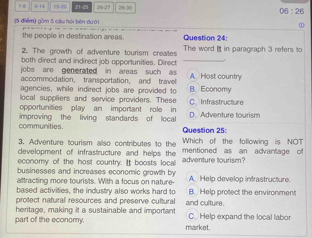 1-8 9-14 15-20 21-25 26-27 28-30 06:26
(5 điểm) gồm 5 câu hỏi bên dưới
the people in destination areas. Question 24:
2. The growth of adventure tourism creates The word It in paragraph 3 refers to
both direct and indirect job opportunities. Direct _.
jobs are generated in areas such as A. Host country
accommodation， transportation, and travel
agencies, while indirect jobs are provided to B. Economy
local suppliers and service providers. These C. Infrastructure
opportunities play an important role in
improving the living standards of local D. Adventure tourism
communities. Question 25:
3. Adventure tourism also contributes to the Which of the following is NOT
development of infrastructure and helps the mentioned as an advantage of
economy of the host country. It boosts local adventure tourism?
businesses and increases economic growth by
attracting more tourists. With a focus on nature- A. Help develop infrastructure.
based activities, the industry also works hard to B. Help protect the environment
protect natural resources and preserve cultural and culture.
heritage, making it a sustainable and important C. Help expand the local labor
part of the economy.
market.