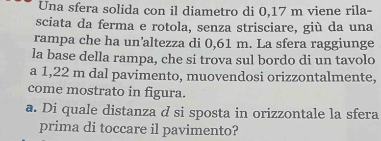 Una sfera solida con il diametro di 0,17 m viene rila- 
sciata da ferma e rotola, senza strisciare, giù da una 
rampa che ha un’altezza di 0,61 m. La sfera raggiunge 
la base della rampa, che si trova sul bordo di un tavolo 
a 1,22 m dal pavimento, muovendosi orizzontalmente, 
come mostrato in figura. 
a. Di quale distanza d si sposta in orizzontale la sfera 
prima di toccare il pavimento?