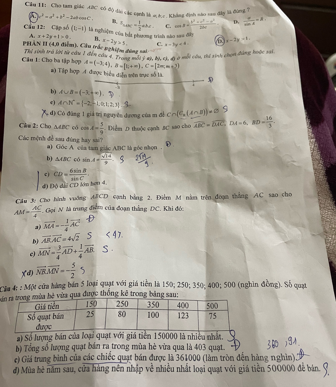 Cho tam giác ABC có độ dài các cạnh là σ, b,c . Khắng định nào sau đây là đúng 7
A. c^2=a^2+b^2-2abcos C. B. S_△ ABC= 1/2 abc. C. cos B= (b^2+c^2-a^2)/2bc .  a/sin A =R.
D.
Cầu 12: Cặp số (1;-1) là nghiệm của bất phương trình nào sau đây x-2y>1.
A. x+2y+1>0. B. x-2y>5. C. x-3y<4.
D
PHẢN II (4,0 điểm). Câu trắc nghiệm đủng sai.
Thí sinh trả lời từ câu 1 đến câu 4. Trong mỗi ý a), b), c), d) ở mỗi câu, thí sinh chọn đúng hoặc sai.
Câu 1: Cho ba tập hợp A=(-3;4),B=[1;+∈fty ),C=[2m;m+3)
a) Tập hợp A được biểu diễn trên trục số là.
D
4
b) A∪ B=(-3;+∈fty ) D
c) A∩ N^*= -2;-1;0;1;2;3
d) Có đúng 1 giá trị nguyên dương của m đề C∩ (C_R(A∩ B))!= varnothing S
Câu 2: Cho △ ABC có cos A= 5/9 . Điểm D thuộc cạnh BC sao cho overline ABC=overline DAC,DA=6,BD= 16/3 .
Các mệnh đề sau đúng hay sai?
a) Góc A của tam giác ABC là góc nhọn .
b) △ ABC có sin A= sqrt(14)/9 .
c) CD= 6sin B/sin C .
d) Độ dài CD lớn hơn 4.
Câu 3: Cho hình vuông ABCD cạnh bằng 2. Điểm M nằm trên đoạn thẳng AC sao cho
AM= AC/4 . Gọi N là trung điểm của đoạn thẳng DC. Khi đó:
a) vector MA=- 1/4 vector AC
b) vector AB.vector AC=4sqrt(2)
c) vector MN= 3/4 vector AD+ 1/4 vector AB.
d) vector NB.vector MN=- 5/2 
Câu 4: : Một cửa hàng bán 5 loại quạt với giá tiền là 150; 250; 350; 400; 500 (nghìn đồng). Số quạt
b vừa qua được thống kê trong bảng sau:
a) Số lượng bán của loại quạt với giá tiền 150000 là nhiều nhất.
b) Tổng số lượng quạt bán ra trong mùa hè vừa qua là 403 quạt.
c) Giá trung bình của các chiếc quạt bán được là 361000 (làm tròn đến hàng nghìn).
d) Mùa hè năm sau, cửa hàng nên nhập về nhiều nhất loại quạt với giá tiền 500000 để bán.