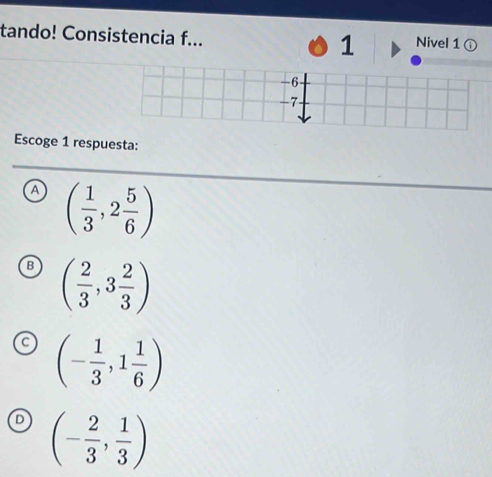 tando! Consistencia f... 1 Nivel 1 ⓘ
-6
-7
Escoge 1 respuesta:
a ( 1/3 ,2 5/6 )
B ( 2/3 ,3 2/3 )
a (- 1/3 ,1 1/6 )
D (- 2/3 , 1/3 )