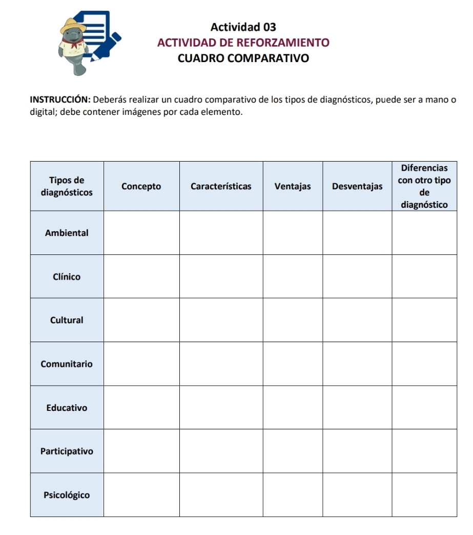 Actividad 03 
ACTIVIDAD DE REFORZAMIENTO 
CUADRO COMPARATIVO 
INSTRUCCIÓN: Deberás realizar un cuadro comparativo de los tipos de diagnósticos, puede ser a mano o 
digital; debe contener imágenes por cada elemento.