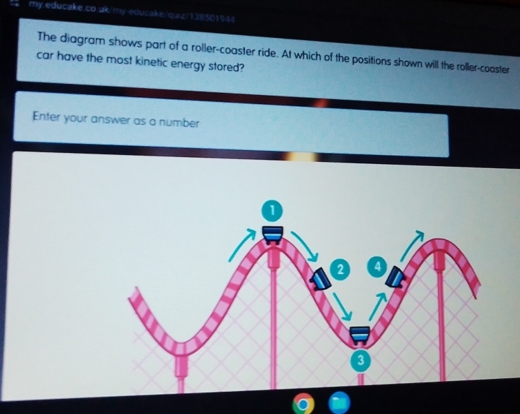 The diagram shows part of a roller-coaster ride. At which of the positions shown will the roller-coaster 
car have the most kinetic energy stored? 
Enter your answer as a number