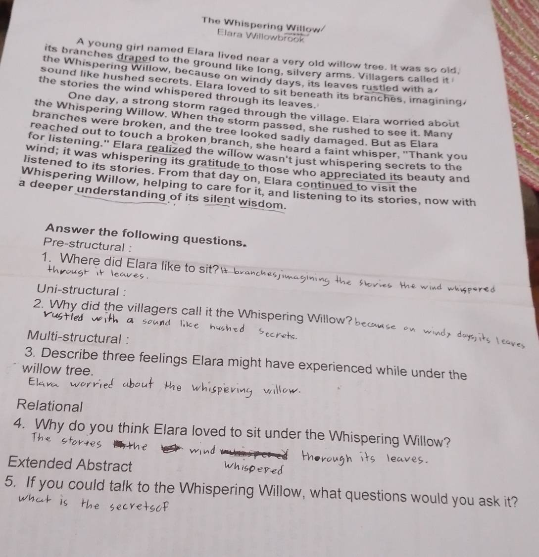 The Whispering Willow 
Elara Willowbrook 
A young girl named Elara lived near a very old willow tree. It was so old, 
its branches draped to the ground like long, silvery arms. Villagers called it 
the Whispering Willow, because on windy days, its leaves rustled with a 
sound like hushed secrets. Elara loved to sit beneath its branches, imagining 
the stories the wind whispered through its leaves. 
One day, a strong storm raged through the village. Elara worried about 
the Whispering Willow. When the storm passed, she rushed to see it. Many 
branches were broken, and the tree looked sadly damaged. But as Elara 
reached out to touch a broken branch, she heard a faint whisper, "Thank you 
for listening." Elara realized the willow wasn't just whispering secrets to the 
wind; it was whispering its gratitude to those who appreciated its beauty and 
listened to its stories. From that day on, Elara continued to visit the 
Whispering Willow, helping to care for it, and listening to its stories, now with 
a deeper understanding of its silent wisdom. 
Answer the following questions. 
Pre-structural : 
1. Where did Elara like to sit? 
Uni-structural : 
2. Why did the villagers call it the Whispering Willow 
Multi-structural : 
3. Describe three feelings Elara might have experienced while under the 
willow tree. 
Relational 
4. Why do you think Elara loved to sit under the Whispering Willow? 
Extended Abstract 
5. If you could talk to the Whispering Willow, what questions would you ask it?