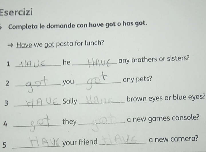 Esercizi 
Completa le domande con have got o has got. 
Have we got pasta for lunch? 
_1 
he_ 
any brothers or sisters? 
2 _you _any pets? 
3 _Sally _brown eyes or blue eyes? 
4 _they _a new games console? 
5 __a new camera? 
your friend