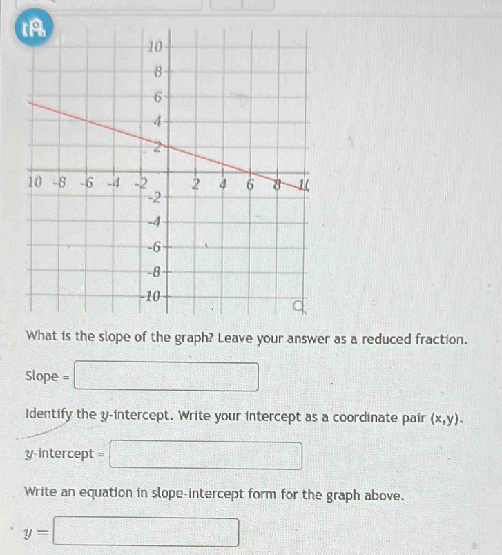 What is the slope of the graph? Leave your answer as a reduced fraction. 
Slope =□ 
Identify the y-intercept. Write your intercept as a coordinate pair (x,y). 
y-intercept =□ 
Write an equation in slope-intercept form for the graph above.
y=□ 3x^