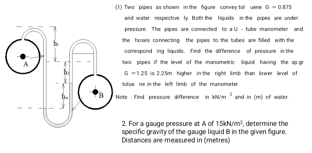 (1) Two pipes as shown in the figure convey tol uene G=0.875
and water respective ly. Both the liquids in the pipes are under 
pressure. The pipes are connected to a ∪ - tube manometer and 
he hoses connecting the pipes to the tubes are filled with the 
correspond ing liquids. Find the difference of pressure in the 
wo pipes if the level of the manometric liquid having the sp.gr
G=1.25 is 2.25m higher in the right limb than lower level of 
olue ne in the left limb of the manometer 
e : Find pressure difference in kN/m^2 and in (m) of water. 
. For a gauge pressure at A of 15kN/m^2 , determine the 
specific gravity of the gauge liquid B in the given figure. 
Distances are measured in (metres)