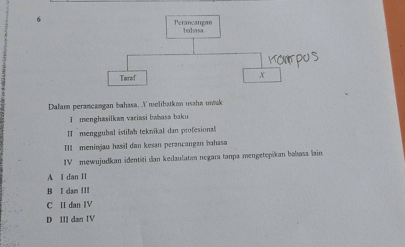 Dalam perancangan bahasa, Ymelibatkan usaha untuk
I menghasilkan variasi bahasa baku
Imenggubal istilah teknikal dan profesional
III meninjau hasil dan kesan perancangan bahasa
IV mewujudkan identiti dan kedaulatan negara tanpa mengetepikan bahasa lain
A I dan Il
B I dan III
C II dan IV
D III dan IV