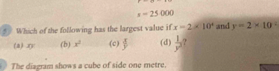 s=25000
5 Which of the following has the largest value if x=2* 10^4 and y=2* 10^(-2)
(a) xy (b) x^2 (c)  x/y  (d)  1/y^3  ?
The diagram shows a cube of side one metre.