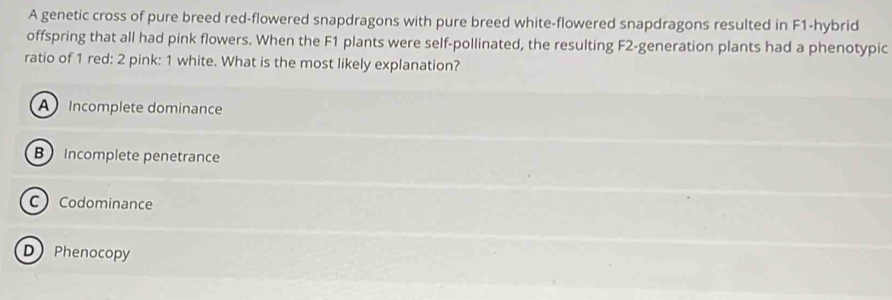 A genetic cross of pure breed red-flowered snapdragons with pure breed white-flowered snapdragons resulted in F1 -hybrid
offspring that all had pink flowers. When the F1 plants were self-pollinated, the resulting F2-generation plants had a phenotypic
ratio of 1 red: 2 pink: 1 white. What is the most likely explanation?
A Incomplete dominance
B Incomplete penetrance
C Codominance
D Phenocopy