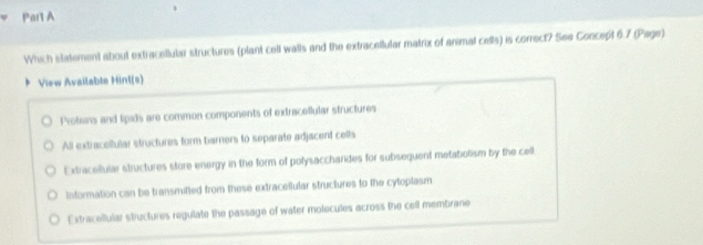 Par1 A
Which statement about extracellular structures (plant cell walls and the extracetlular matrix of animal cells) is correct? See Concept 6.7 (Page)
View Available Hint(s)
Proteins and lipids are common components of extraceflular structures
All extracellular structures form barrers to separate adjacent cells
Extracellular structures store energy in the form of polysacchardes for subsequent metabolism by the cell
Information can be transmitted from these extraceflular structures to the cytoplasm
Extracellular structures regulate the passage of water molecules across the cell membrane