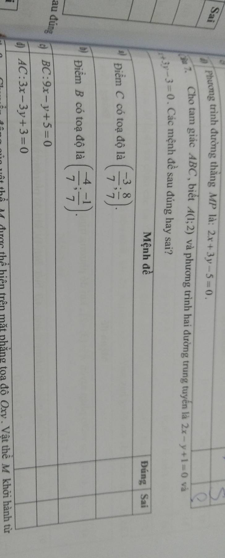 # Phương trình đường thăng MP là: 2x+3y-5=0.
Cu 7. Cho tam giác ABC, biết A(1;2) và phương trình hai đường trung tuyến là 2x-y+1=0 và
x+3y-3=0. Các mệnh đề sau đúng hay sai?
au
M. được thể hiện trên mặt phẳng toa đô Oxv . Vật thể M khởi hành từ