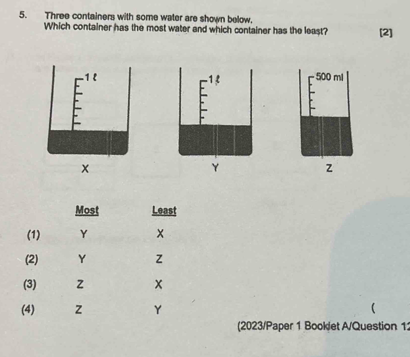 Three containers with some water are shown below.
Which container has the most water and which container has the least? [2]
500 ml
x
γ
z
Most Least
(1) Y
(2) Y Z
(3) z x
(4) z Y (
(2023/Paper 1 Bookiet A/Question 1