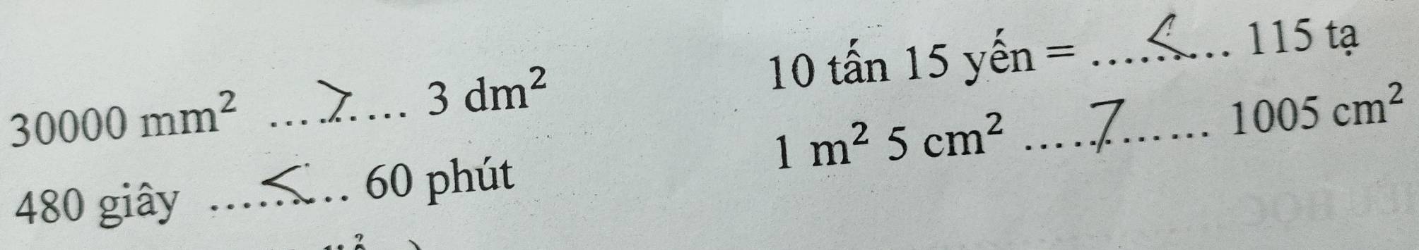 3dm^2
10 tấn 15 yến =_
115 tạ 
_ 30000mm^2
1005cm^2
_ 1m^25cm^2
480 giây_
60 phút