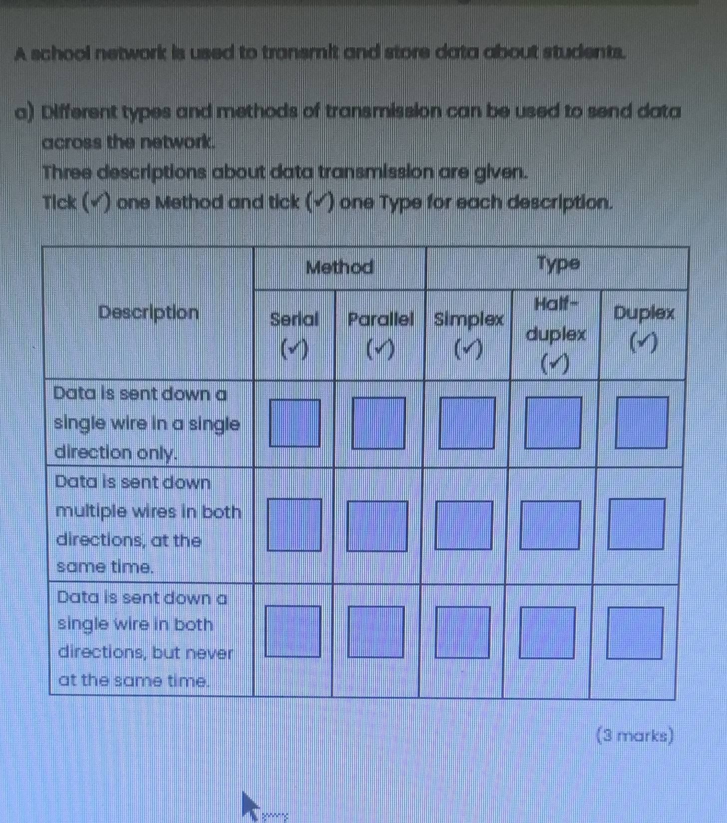 A school network is used to transmit and store data about students. 
a) Different types and methods of transmission can be used to send data 
across the network. 
Three descriptions about data transmission are given. 
Tick (√) one Method and tick (√) one Type for each description. 
(3 marks)