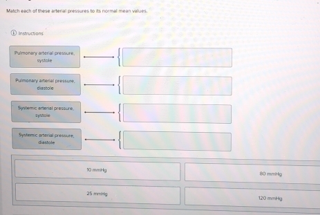 Match each of these arterial pressures to its normal mean values.
Instructions
Pulmonary arterial pressure
systole
Pulmonary arterial pressure
diastole
Systemic arterial pressure
sysnole
Systemic arterial pressure, diastole
10 mmHg 80 mmHg
25 mmHg 120 mmHg