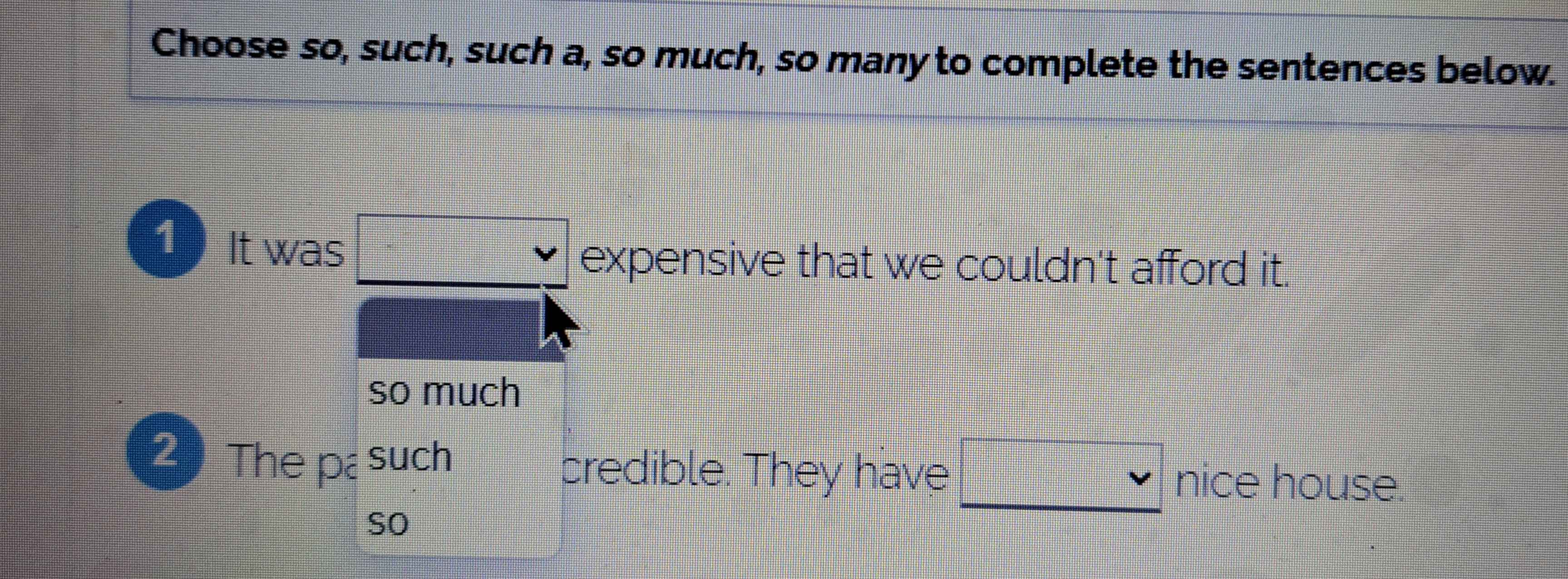 Choose so, such, such a, so much, so many to complete the sentences below.
1 It was
expensive that we couldn't afford it.
so much
predible. They have nice house.
so