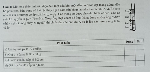 Một ống thủy tinh tiết diện đều một đầu kín, một đầu hở được đặt thẳng đứng, đầu 
hở phía trên, bên trong có hai cột thủy ngân nằm cần bằng tạo nên hai cột khí A và B (xem 3cm; 
như là khí lí tưởng) có áp suất là P và pạ. Các thông số được cho như hình vẽ bên. Cho áp 
suất khí quyền là p_0=76cmHg Ig. Xoay ống thật chậm để ống thẳng đứng miệng ống ở dưới $cm
(thủy ngân không chảy ra ngoài) thì chiều dài các cột khí A và B lúc này tương ứng là hạ 4cm
và ha 6cm