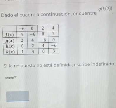 g(k(2))
Dado el cuadro a continuación, encuentre
Si la respuesta no está definida, escribe indefinido
engage”